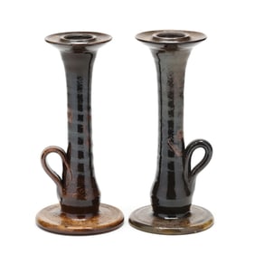 Attributed to C. R. Auman Pottery (Seagrove, NC), Pair of Vintage Pottery Candlesticks,