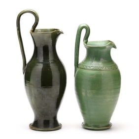 Two North Carolina Green Glazed Rebecca Pitchers