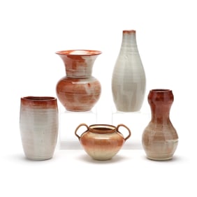 Attributed to J.B. Cole Pottery (Steeds, NC), Five Red Eye Gravy Glazed Pottery Wares