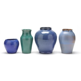 Four Vintage Art Pottery Vases in Blue and Green