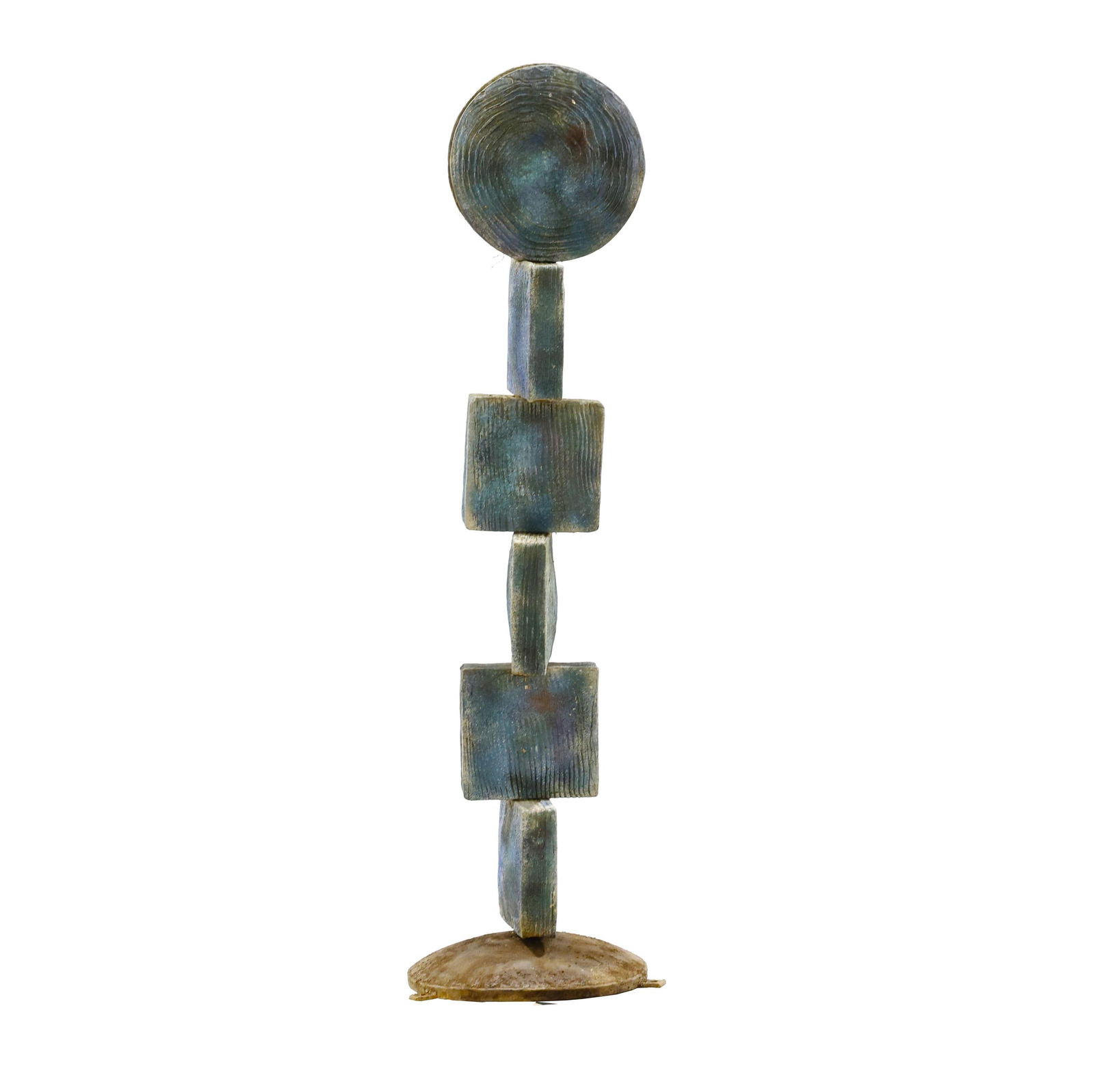 William Moore (NC), Blue Abstract Outdoor Ceramic Sculpture: William Moore (NC), Blue Abstract Outdoor Ceramic Sculpturecirca 2000, textured ceramic with blue pigmented surface, of totemic form stacking five rectangular forms beneath a tondo, mounted atop a met
