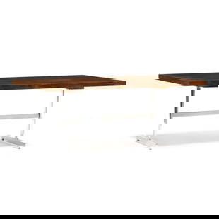 attributed Milo Baughman (American, 1923-2003), Rosewood Dining Table with Leaf: attributed Milo Baughman (American, 1923-2003), Rosewood Dining Table with Leafcirca 1960, rosewood veneer, rectangular top with banded walnut edges, opens to accept one leaf, chrome plated trestle fo