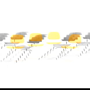 Charles and Ray Eames, Four  DCM Chairs: Charles and Ray Eames, Four DCM Chairscirca 2000, likely Design Within Reach, oak veneer, polished steel legs with plastic adjustable angle feet, unmarked. 29.75 x 19.5 x 19 in., seat height 17.5 in.