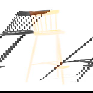 George Nakashima (American, 1905-1990),  Mira High Chair: George Nakashima (American, 1905-1990), Mira High Chair1959, cherry, curved crest rail with seven spindles, wedge shaped plank seat, turned splayed legs with stretcher support and foot support, unmark
