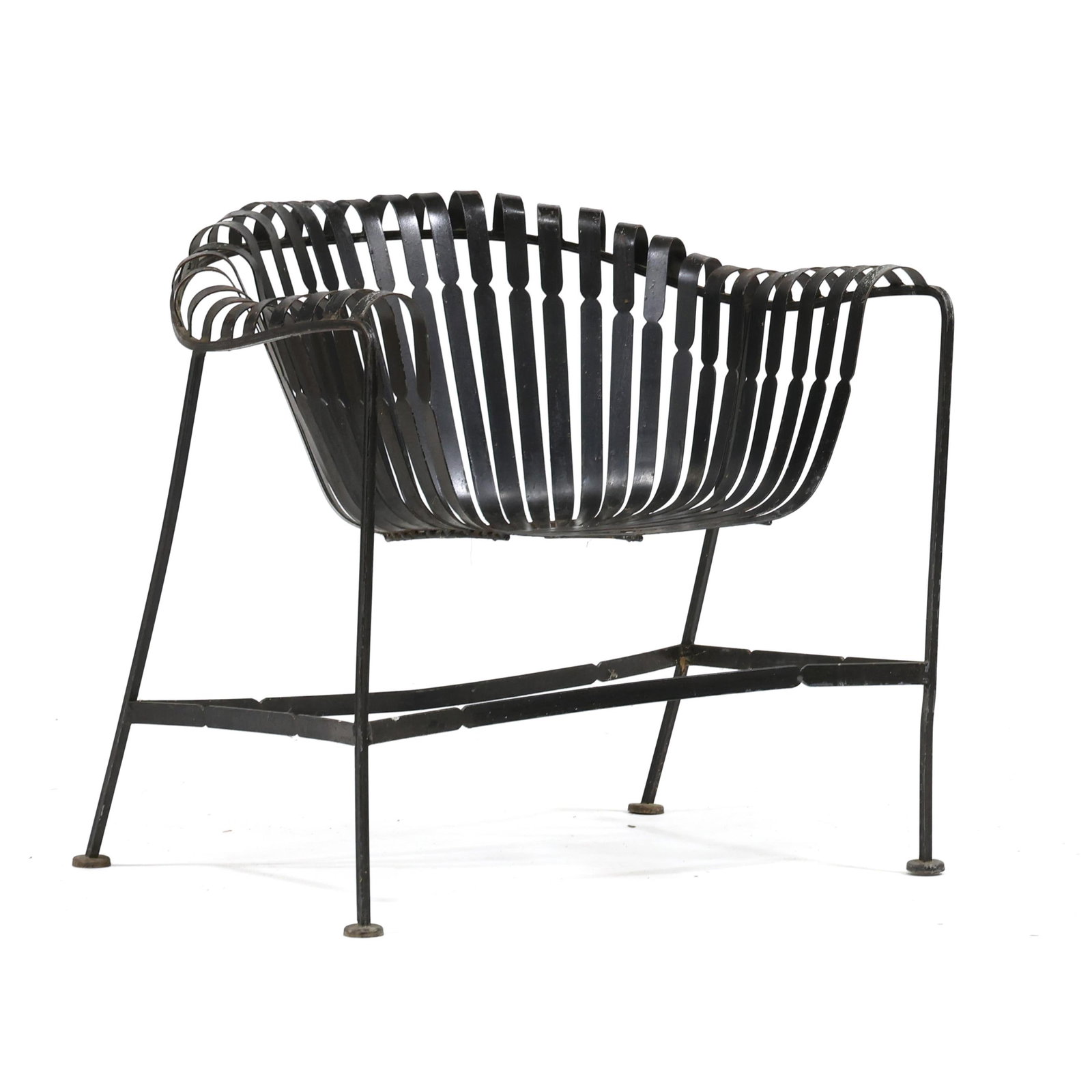 Russell Woodard (American, 1910-1969), Iron Strap Patio Chair: Russell Woodard (American, 1910-1969), Iron Strap Patio Chair circa 1950, black painted iron, unmarked. 28 x 30 x 24 in. Additional high-resolution photos are available at www.lelandlittle.com