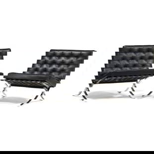 Ludwig Mies van der Rohe (German/American, 1886-1969), Pair of  Barcelona Chairs: Ludwig Mies van der Rohe (German/American, 1886-1969), Pair of Barcelona ChairsKnoll Inc., late 20th century production, black leather tufted cushions with button strap supports, polished steel frames