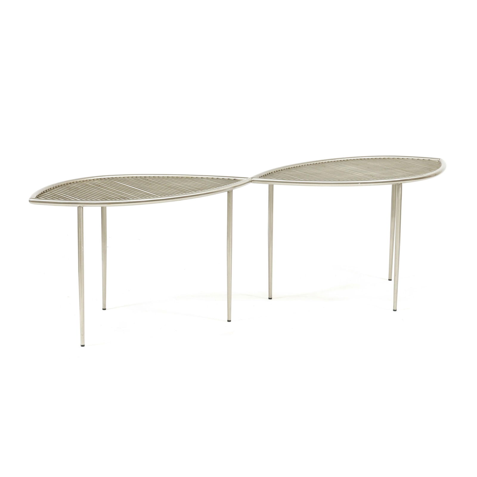 Kris Ruhs (American, b. 1952), Ruhs Panca Coffee Table: Kris Ruhs (American, b. 1952), Ruhs Panca Coffee Tablefor Cappellini, Italy, 1991, brushed steel, double helix form with six straight tapered legs, unmarked. 16 x 56 x 16 in. Additional high-resoluti