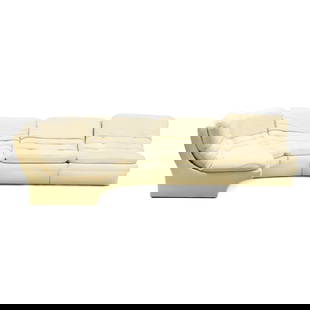 Carsons, Vintage Modular Sofa: Carsons, Vintage Modular Sofacirca 1980, five pieces in a cream chenille style plush linear upholstery, consisting of two wedge sections and three straight armless sections, flush base with metal capp