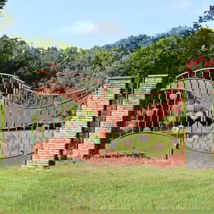 Andrew Preiss (NC), Large Commissioned Forged Steel and Copper Garden Entry Gates: Andrew Preiss (NC), Large Commissioned Forged Steel and Copper Garden Entry GatesARP Design Studio, two-part steel framework with cresting panels, centering (18) round patinated copper bosses, mounted