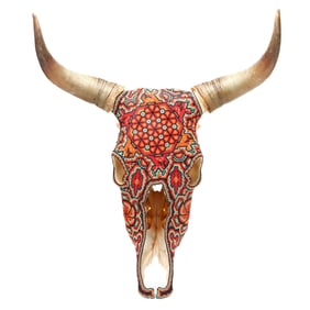 Contemporary Huichol Style Beaded Longhorn Skull