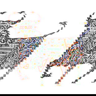 Chroma aka Rick Wolfryd (American/Mexican, b. 1953),  El Toro The Bull: Chroma aka Rick Wolfryd (American/Mexican, b. 1953), El Toro The Bull2025, from an edition of 100, ink signed, titled and dated to the verso, Huichol style color beaded 2D sculpture, uniquely colored