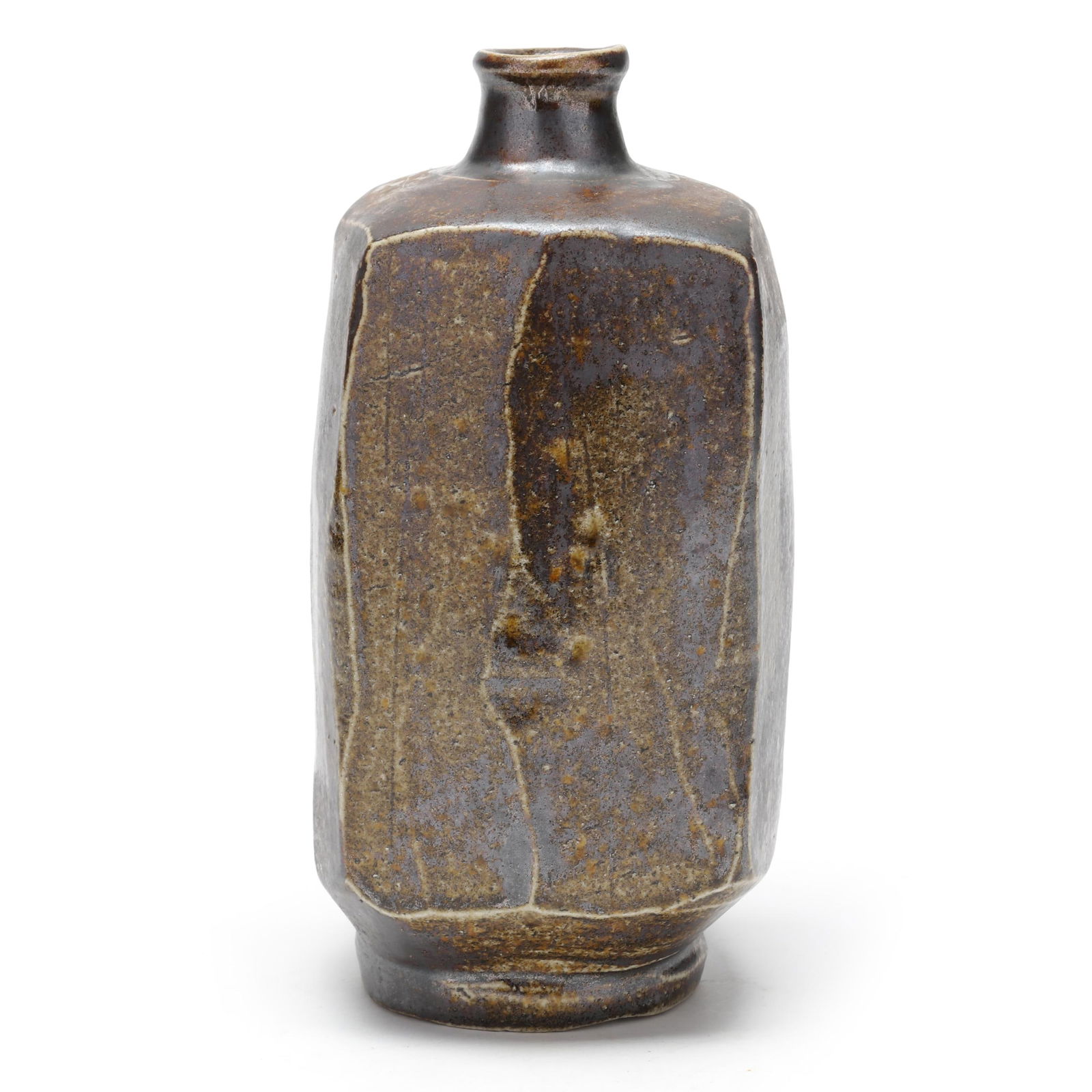 Attributed Shoji Hamada (Japanese, 1894-1978), Bottle Vase: Attributed Shoji Hamada (Japanese, 1894-1978), Bottle Vaseiron glazed stoneware, unsigned, of rectangular form with carved faceted sides and round foot, includes purchase receipt from Skinner Auctions