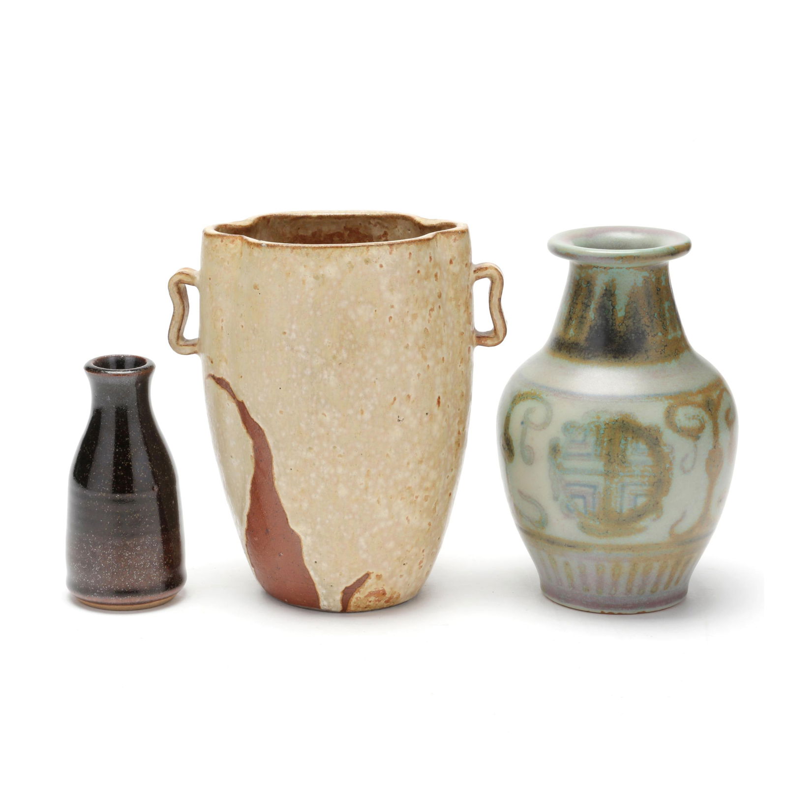 Three Danish Modern Vases, including Arne Bang (1901-1983): Three Danish Modern Vases, including Arne Bang (1901-1983)mid-century, the first a double handled stoneware vase by Arne Bang, featuring a quatrefoiled rim and glazed in creamy sienna tones, signed "A