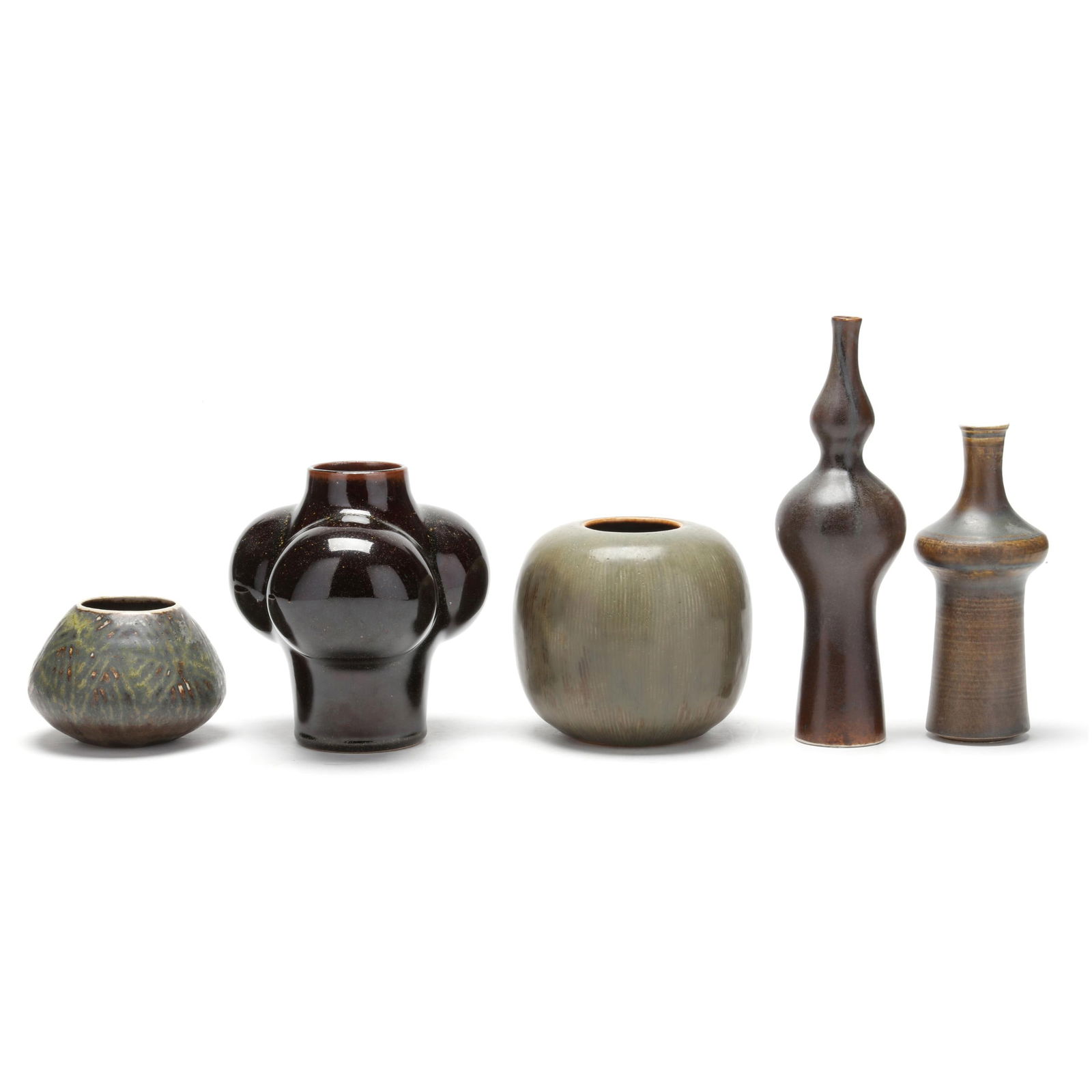 Five European Mid-Century Modern Pottery Vases: Five European Mid-Century Modern Pottery Vasesmid-late 20th century, to include a lobed stoneware vase by Tue Poulsen for Knabstrup Atelier (Denmark) with deep brown glaze (5 x 5 in.); a porcelain squ