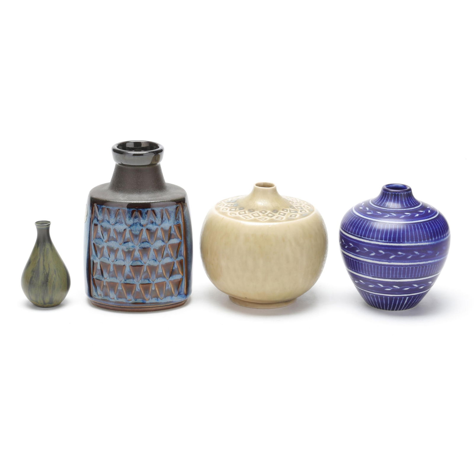 Four Scandinavian Mid-Century Modern Vessels: Four Scandinavian Mid-Century Modern Vesselsmid-late 20th century, to include a miniature stoneware bud vase by Bertil Lundgren (Swedish, 1934-2020) with striated blue/green matte glaze (2 7/8 x 1 3/4