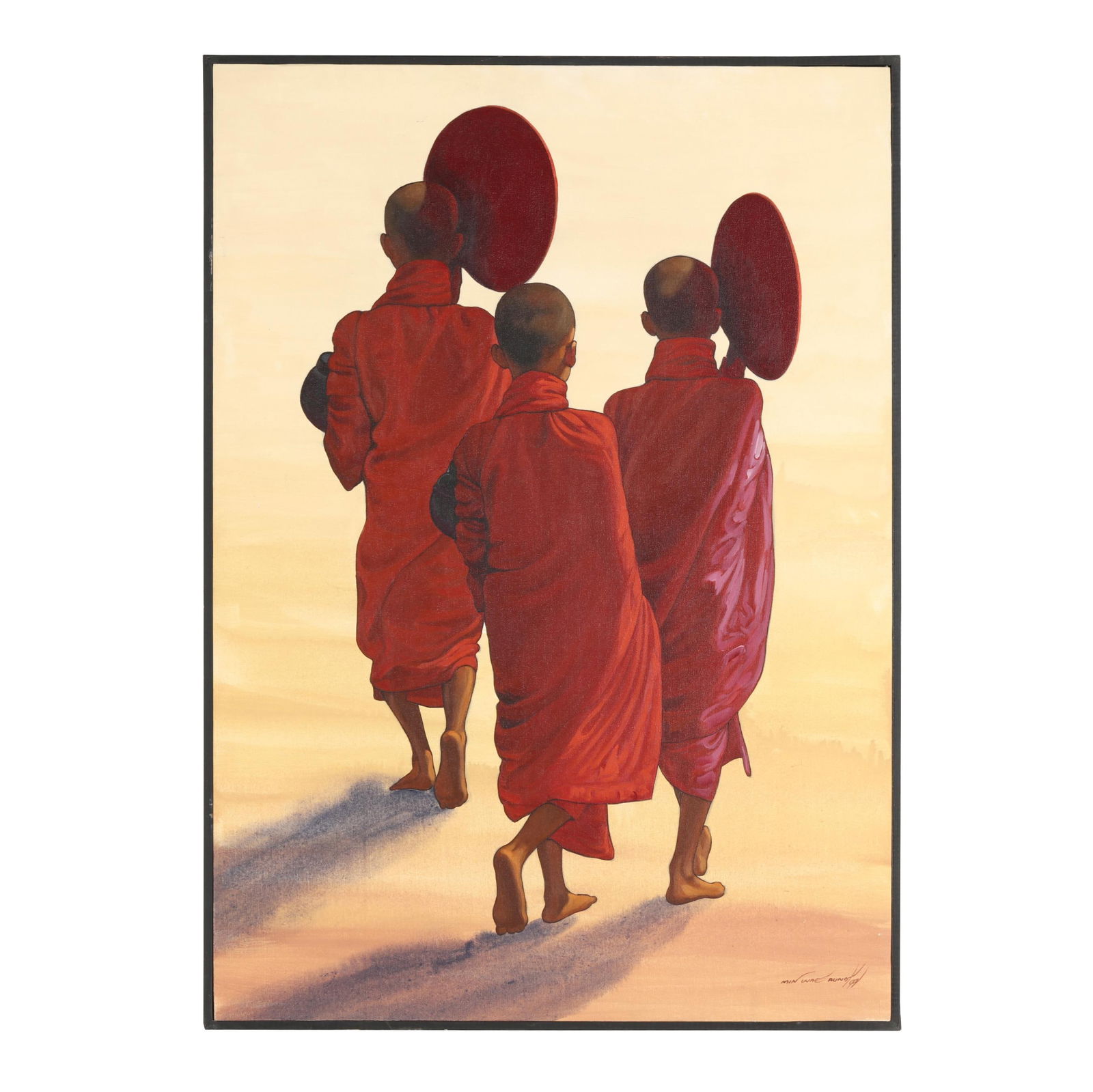 Min Wae Aung (Burmese, b. 1960), Morning Walks I: Min Wae Aung (Burmese, b. 1960), Morning Walks Ioil on canvas, signed at lower right, retaining label to verso, framed. Frame dimensions 34 1/2 x 24 1/4 in. Min Wae Aung, born in 1960 in Danubyu, Myan