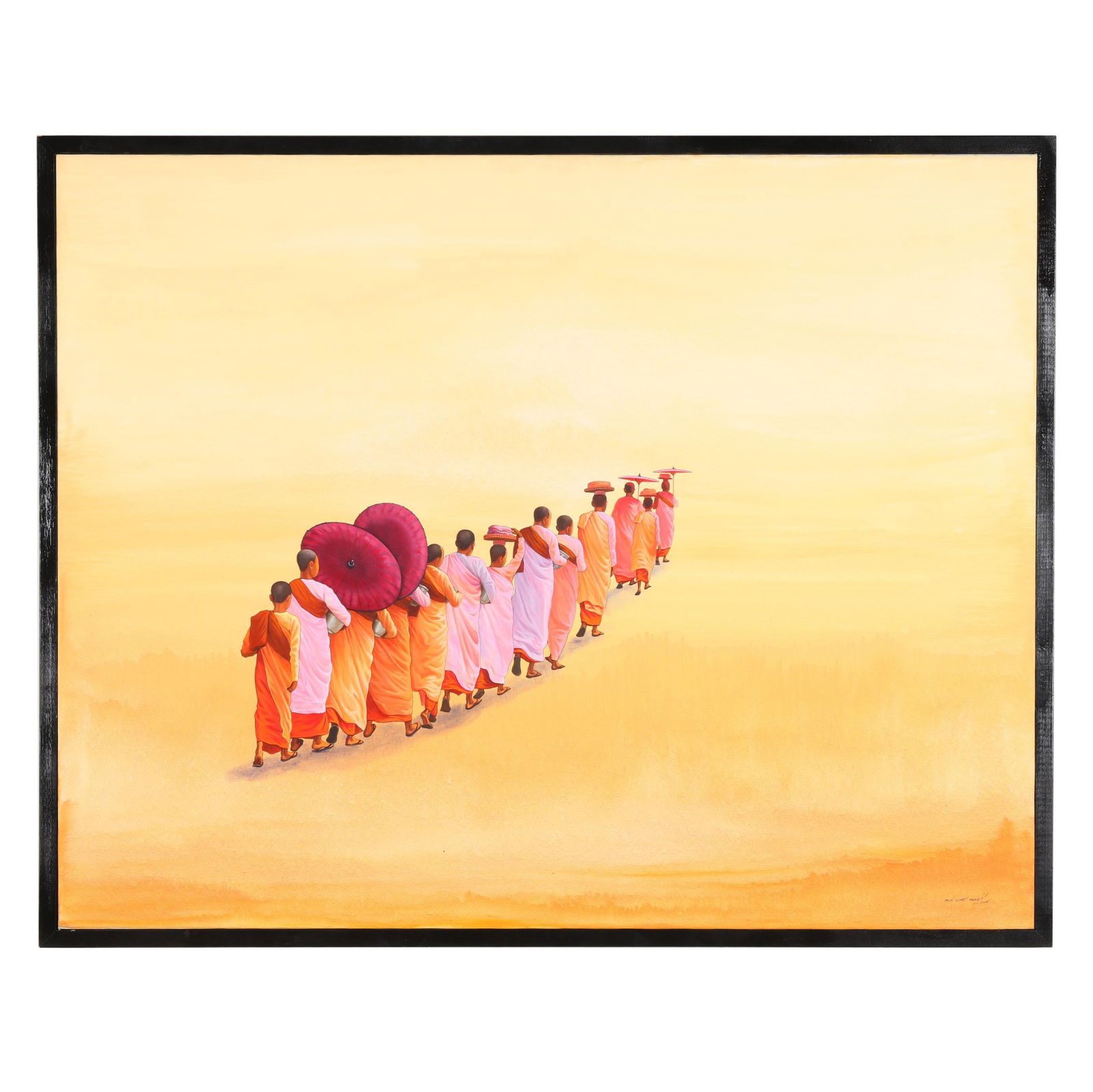 Min Wae Aung (Burmese, b. 1960), Nuns on the Morning Round II (part I): Min Wae Aung (Burmese, b. 1960), Nuns on the Morning Round II (part I)acrylic on canvas, signed at lower right, framed. Frame dimensions 38 x 47 1/2 in. Min Wae Aung, born in 1960 in Danubyu, Myanmar,