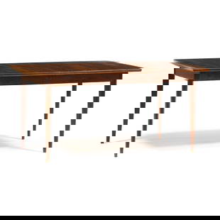 Danish Modern Rosewood Dining Table: Danish Modern Rosewood Dining Tablecirca 1960, rosewood, rosewood veneer, top with high figured grain veneers and rounded edge, the top opens with metal slide supports and two central leaves can be ad