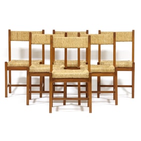 Manner of Martin Visser, Six Teak Rush Seat Dining Chairs
