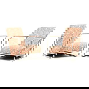 Attributed Adrienne Gorska (Polish, 1899-1969), Pair of Lounge Chairs: Attributed Adrienne Gorska (Polish, 1899-1969), Pair of Lounge Chairscirca 1930, tubular steel frames, printed salmon colored tropical fruit motif upholstery, unmarked. 29 x 26.5 x 31 in. Adrienne Gó