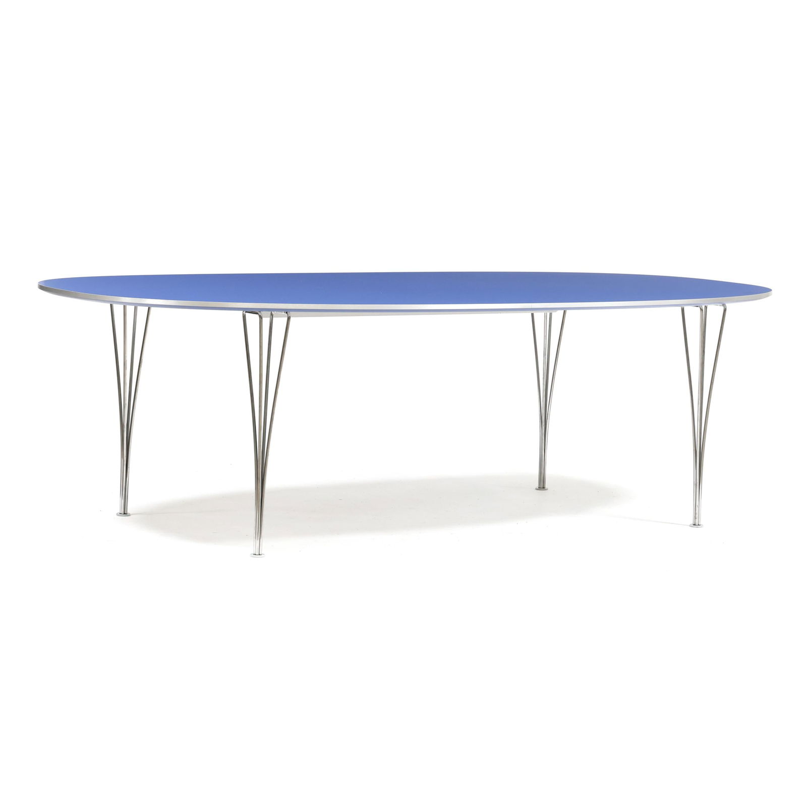 Jacobsen, Hein & Mathsson, Superellipse Dining Table: Jacobsen, Hein & Mathsson, Superellipse Dining Tableoriginally designed in 1968 by Arne Jacobsen, Piet Hein & Bruno Mathsson, this circa 2017 model is produced by Fritz Hansen, with Blue Delft top and