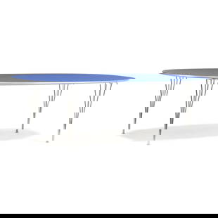 Jacobsen, Hein & Mathsson,  Superellipse Dining Table: Jacobsen, Hein & Mathsson, Superellipse Dining Tableoriginally designed in 1968 by Arne Jacobsen, Piet Hein & Bruno Mathsson, this circa 2017 model is produced by Fritz Hansen, with Blue Delft top and