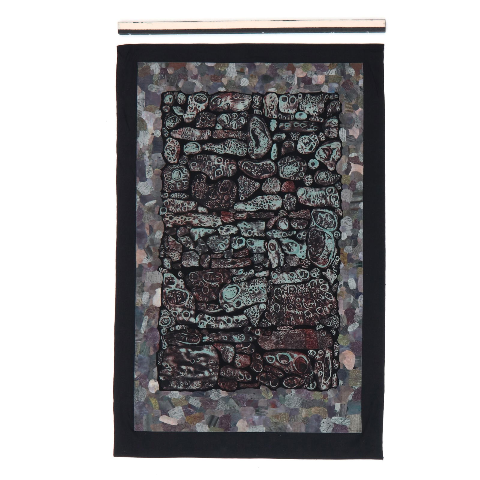 Jason Pollen (American, b. 1941), Whisperings Silk Wall Hanging: Jason Pollen (American, b. 1941), Whisperings Silk Wall Hangingsilk, contemporary, the hand-dyed silk cut into geomorphic shapes and appliqued to a black fabric backing, forming a center field of larg