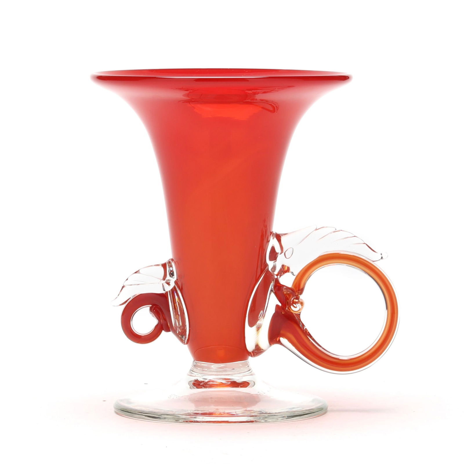 Robert Levin (NC), Red Glass Goblet: Robert Levin (NC), Red Glass Goblet1987, blown glass in shades of red with applied handles, signed "Robert Levin Penland FALL 1987" to underside. Proceeds to benefit the general Penland Scholarship. 6