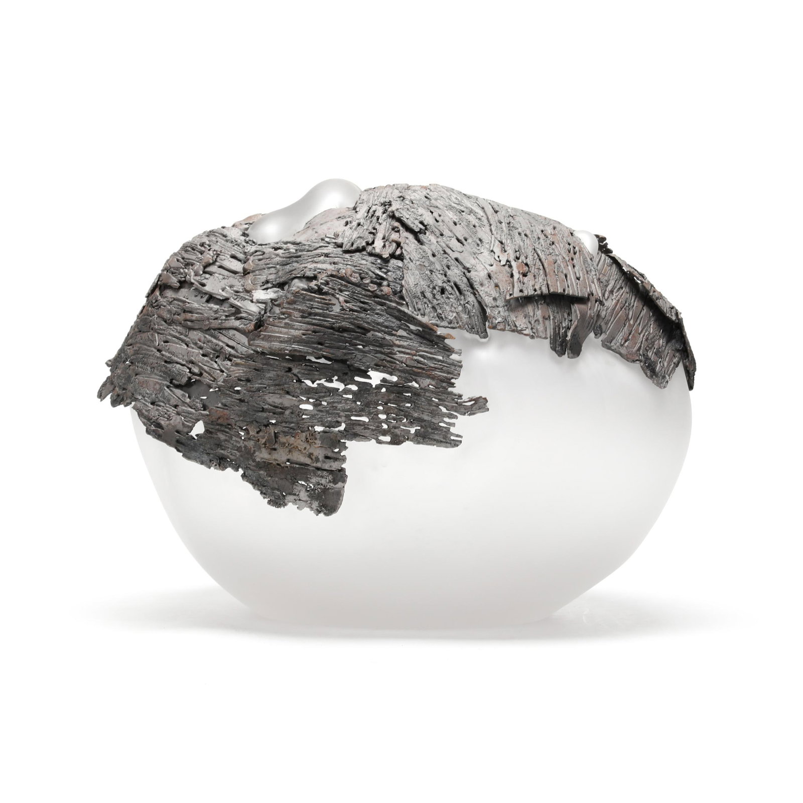 Kento Siasho (American), Glass and Steel Sculpture: Kento Siasho (American), Glass and Steel Sculpture contemporary, shaped and textured steel wrapping around bulbous frosted glass form, hollow to inside, unsigned. Proceeds to benefit the general Penla