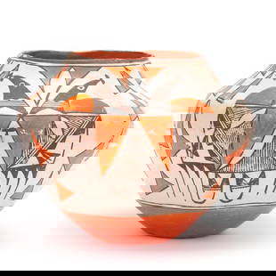 Acoma Pueblo Polychrome Pottery Olla with Double Bird Motif: Acoma Pueblo Polychrome Pottery Olla with Double Bird MotifNew Mexico, mid-20th century, unsigned, ovoid form with slightly concave underside, dark brown pigment, with orange and white slip used in th