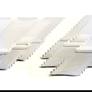 Restoration Hardware, Set of Six "Slipcover" Dining Chairs: Restoration Hardware, Set of Six "Slipcover" Dining Chairscontemporary, white upholstery with clip-on seat cushion and near flush panel skirt, upholstered legs, on casters, labeled. 41 x 22 x 20 in. F