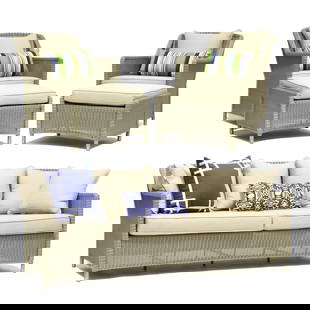 Richard Frinier for Brown Jordan, Five Piece Patio Set: Richard Frinier for Brown Jordan, Five Piece Patio Setcontemporary, light grey colored composite wicker with coordinating cushions, brushed brass feet, comprised of one sofa (31 x 82 x 32 in.); a pair