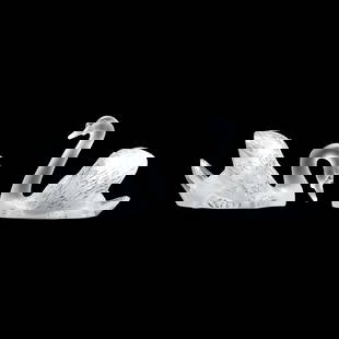 Lalique, Pair of Large Crystal Swans: Lalique, Pair of Large Crystal SwansFrance, late 20th century, numbered 394 and 395 out of an edition of 500, clear frosted glass with polished raised feather details, including the head up and head d