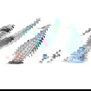 Herend, Four Fishnet Porcelain Birds: Herend, Four Fishnet Porcelain BirdsHungary, hand-painted and gilt porcelain, to include a #5031 blue fishnet rooster; a #15326 blue fishnet penguin; a #15504 and #15506 small rust fishnet roosters si