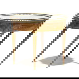 Louis XVI Style Marble Top Low Drum Table: Louis XVI Style Marble Top Low Drum Tablemid 20th century, circular white marble top with pierced gallery edge, mounted to a mahogany base with two drawers and two leather surfaced slides, fluted tape