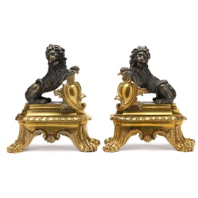 Pair of French Régence Style Bronze Lion Chenets