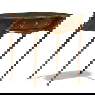 Louis XVI Style Inlaid Mahogany Kidney Shaped Escritoire: Louis XVI Style Inlaid Mahogany Kidney Shaped Escritoiremid 20th century, mahogany veneer, oak secondary, kidney shaped top with inset brown leather and ormolu trim, single conforming drawer and side