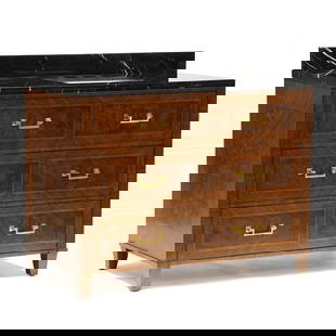 Modern History, Italianate Marble Top, Inlaid Mahogany Vanity: Modern History, Italianate Marble Top, Inlaid Mahogany Vanitycontemporary, black marble top with rectangular backsplash and three cut-outs for faucet, white porcelain drop in sink, upper faux drawer o