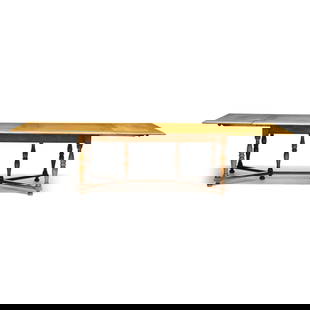 William and Mary Style Maple Dining Table: William and Mary Style Maple Dining Tablecirca 1940, maple, maple veneer, rectangular top with molded edge, with two leaves, turned legs and stretcher base. 30 x 44 x 74 in., each leaf 22 in.  Additio