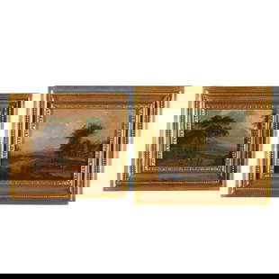 Dutch School (18th Century), Two Small Pastoral Landscapes with Figures: Dutch School (18th Century), Two Small Pastoral Landscapes with Figureseach an oil on panel, one signed "D.T." to lower left, presented in uniform gilt framing. The larger frame dimensions 10 1/2 x 12