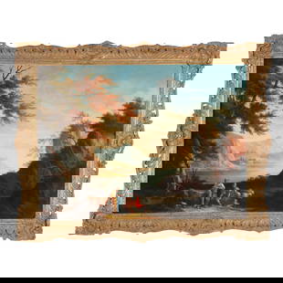 Manner of Claude-Joseph Vernet (French, 1714-1789), Landscape with Figures and Mountain View: Manner of Claude-Joseph Vernet (French, 1714-1789), Landscape with Figures and Mountain Viewoil on canvas (lined), 19th century or earlier, labeled, presented in a pierced giltwood frame. Stretcher si