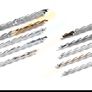 Five Fine Writing Instruments: Five Fine Writing Instrumentsto include a Yard-O-Lead English silver fountain pen, Birmingham (2002), with 18K medium nib; a Dunhill (Germany) sterling silver ballpoint pen; a chrome Sheaffer (USA) fo