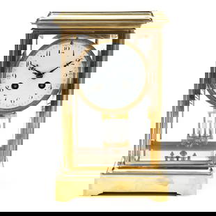 Samuel Marti Crystal and Brass Regulator Clock, Retailed by Tiffany & Co.: Samuel Marti Crystal and Brass Regulator Clock, Retailed by Tiffany & Co.circa 1900, gilt brass case with four beveled crystal panels, 4-inch enamel dial with Arabic chapters, eight day dual train mov