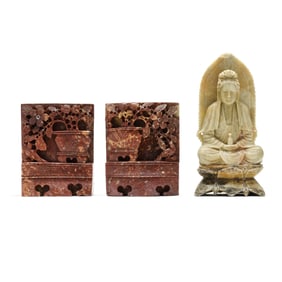 Carved Stone Buddha and Pair of Bookends