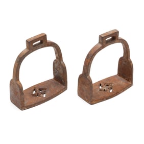 A Pair of Chinese Iron Stirrups with Wan Symbols