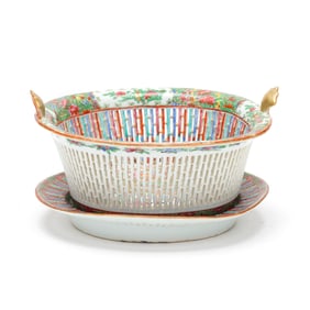 A Chinese Export Porcelain Rose Medallion Chestnut Basket with Underplate