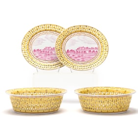 A Pair of Chinese Famille Jaune Chestnut Baskets with Underplates