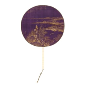 A Chinese Two Sided Circular Silk Fan with Painting and Calligraphy