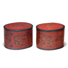 A Large Pair of Chinese Painted Lacquered Hat Boxes
