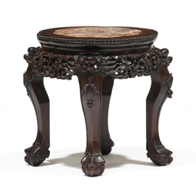 A Chinese Carved Hardwood Marble Top Low Stand
